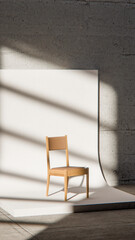 Minimalist 3D studio with wooden chair on curved white backdrop and concrete wall. Ideal for product display, branding mockups, and modern design with dramatic natural shadows.