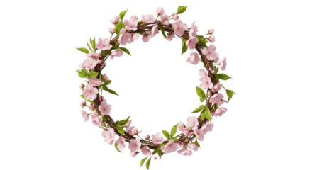 Pink cherry blossom wreath with green leaves on black background flower, Isolated On Png Transparent Background