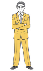 腕を組んでニヤニヤしているスーツの中年男性（シンプル）