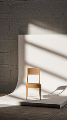 Minimalist 3D studio with wooden chair on curved white backdrop and concrete wall. Ideal for product display, branding mockups, and modern design with dramatic natural shadows.