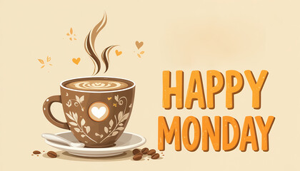 Warm morning coffee illustration with cheerful happy monday greeting
