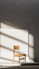 Minimalist 3D studio with wooden chair on curved white backdrop and concrete wall. Ideal for product display, branding mockups, and modern design with dramatic natural shadows.