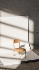 Minimalist 3D studio with wooden chair on curved white backdrop and concrete wall. Ideal for product display, branding mockups, and modern design with dramatic natural shadows.