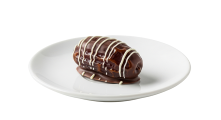 Chocolate covered date with white icing drizzle on white plate fruit sweet, Isolated On Png Transparent Background