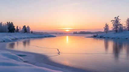 Fototapeta premium Peaceful winter landscape at sunrise with a partially frozen river reflecting the soft pastel colors of the sky and snow-covered trees.