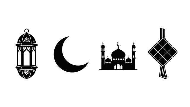 Islamic symbols lantern crescent moon mosque and ketupat icons on white