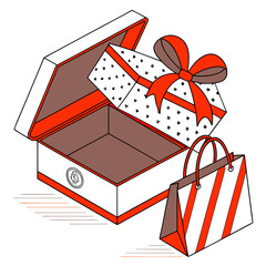 Opened Gift Box, Shopping Bag, Present, Celebration, Retail with vector illustration