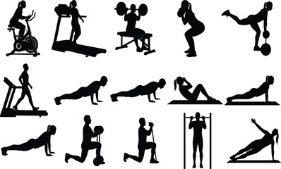 Black Silhouette Set of People Exercising in a Gym, Showing Various Cardio, Strength, and Bodyweight Fitness Workouts on a White Background Vector.