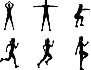 Black Silhouette Set of Woman Exercising Running Squats and Jumping Jacks Poses for Aerobics Fitness Training and Health Vector Illustration