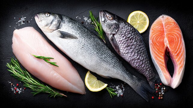Assortment of fresh seafood including fish fillets and steaks.