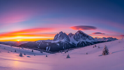 Main Subject: A panoramic view of snow-capped mountains and a vast snow-covered valley.