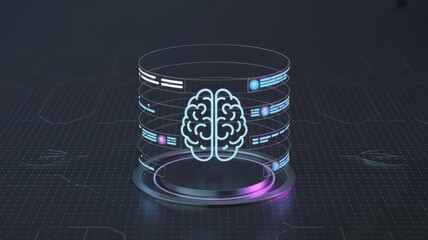 Digital brain with data interface on dark background, AI concept