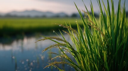 Obraz premium Emerging Rice Plants with Dewdrops over Still Water Background