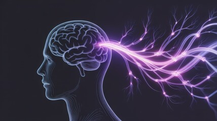Obraz premium Human head profile with glowing brain and neural network connections