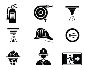 Fire safety and firefighting equipment icon set. Vector glyph pictograms of a fire extinguisher, hose, sprinkler, smoke detector, helmet, and emergency exit sign.