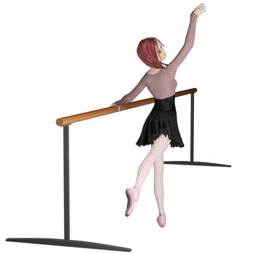 Cute Red Haired Ballerina at the Ballet Barre, 3d digitally rendered illustration