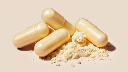 Scattered yellow medical capsules and powder supplement on beige background