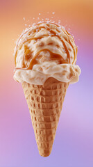 Salted caramel ice cream cone with dripping sauce and sea salt flakes on gradient background