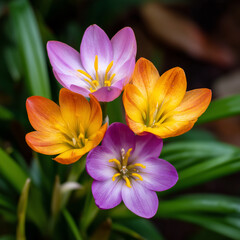 Close up of vibrant purple and orange rain lily flowers in garden