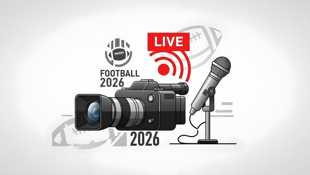 Live Broadcast: Camera and Microphone: A high-quality rendering shows a camera and microphone set up for a live sports event, the image is vibrant with realistic textures.