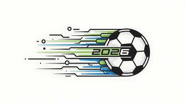 Soccer ball speed and year: A dynamically designed soccer ball streaks across the frame, a visual embodiment of speed, progress, and the spirit of the game, with the number 2026 integrated.