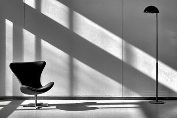 black leather chair foreground tall lamp stand long shadow white wall minimalist geometric sharp contrast monochromatic for interior design