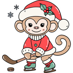 Cartoon Monkey Playing Hockey in Santa Outfit Illustration