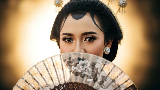 A dancer holds a fan while dressed in traditional attire at a cultural festival during sunset