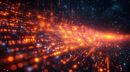 Abstract Digital Network with Glowing Orange Lights and Data Flow.