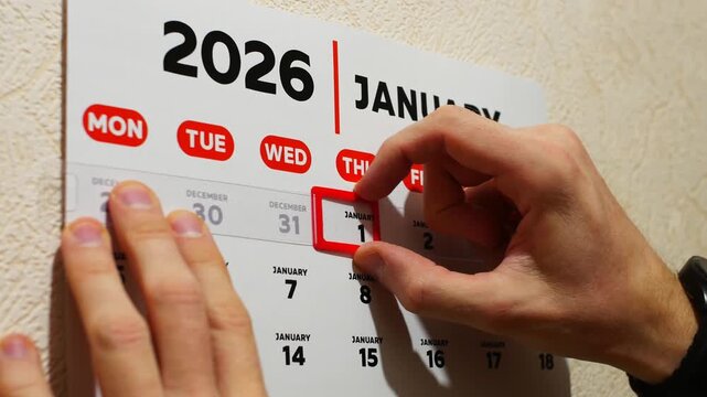 Close-up of a man's hands moving a red cursor to the date of New Year 2026 on a wall calendar