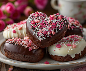Heart-Shaped Valentine's Day Chocolate Cookies with Pink and Red Sprinkles, created with Generative AI Technology, ai, generative