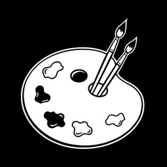 A white outline drawing of an artist's paint palette with two brushes and blobs of paint on a black background