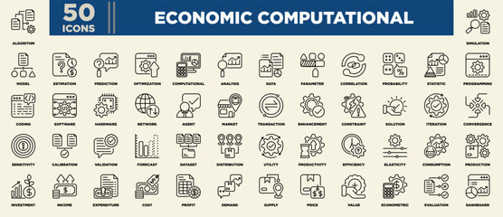 Economic Computational Icon Set Line Black