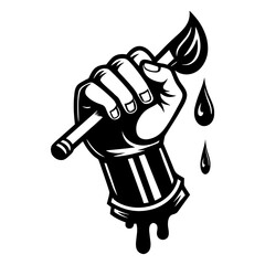 Black and white illustration of a clenched fist holding a paintbrush with dripping paint artist
