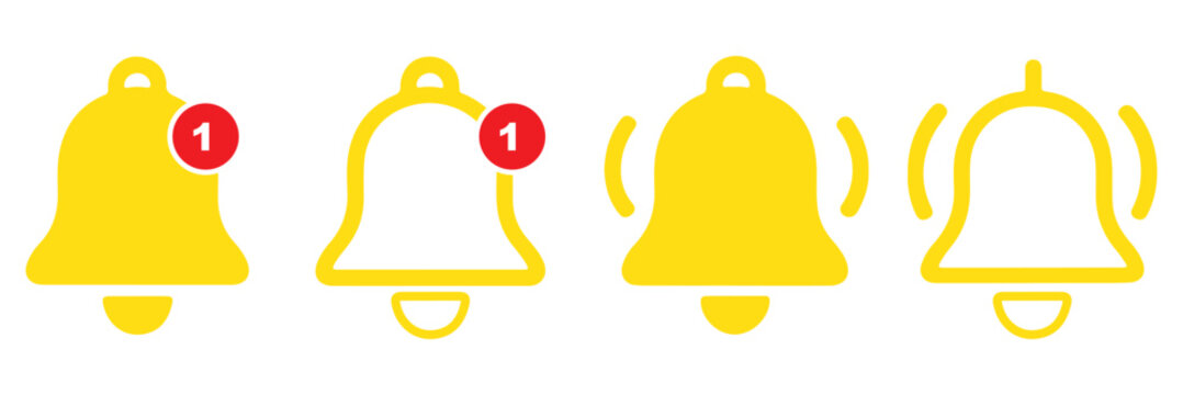 Notification bells icon. Ringing bell with new notification for alarm clock and smartphone application alert or new message. Bells is shaking to alert new notifications, ​for web site, logo, app, UI