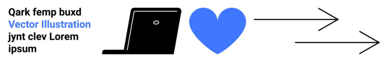 Digital communication, remote work, online sharing, connectivity, data transfer, teamwork. A black laptop next to a blue heart and arrows. Digital communication and connectivity concept