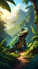 A vibrant, detailed painting of a green lizard in a jungle clearing