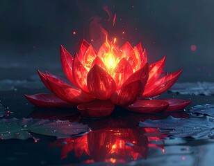 A vibrant, fiery lotus flower blooming on water, reflecting light