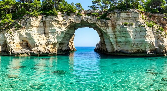 Natural Rock Archway Over Crystal Clear Turquoise Water Cove nature landscape - Powered by Adobe