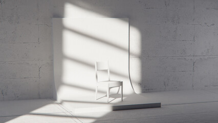 Minimalist 3D studio with white chair on curved backdrop and concrete wall. Ideal for product display, branding, and modern design with dramatic natural light and shadows.