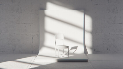 Minimalist 3D studio with white chair on curved backdrop and concrete wall. Ideal for product display, branding, and modern design with dramatic natural light and shadows.