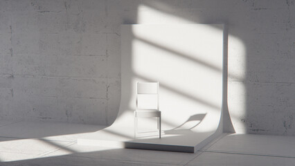 Minimalist 3D studio with white chair on curved backdrop and concrete wall. Ideal for product display, branding, and modern design with dramatic natural light and shadows.