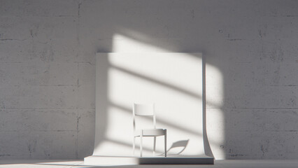 Minimalist 3D studio with white chair on curved backdrop and concrete wall. Ideal for product display, branding, and modern design with dramatic natural light and shadows.