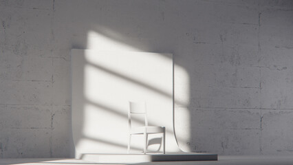 Minimalist 3D studio with white chair on curved backdrop and concrete wall. Ideal for product display, branding, and modern design with dramatic natural light and shadows.