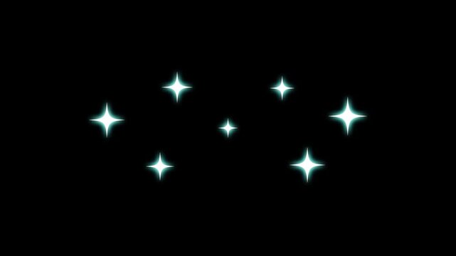Twinkling sparkling stars animation, white cartoon doodle glitter shine, flat vector blinking light motion, glowing sparkle effects on black screen background, looping 4k starry sky overlay video
