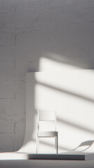 Minimalist 3D studio with white chair on curved backdrop and concrete wall. Ideal for product display, branding, and modern design with dramatic natural light and shadows.