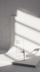 Minimalist 3D studio with white chair on curved backdrop and concrete wall. Ideal for product display, branding, and modern design with dramatic natural light and shadows.