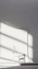 Minimalist 3D studio with white chair on curved backdrop and concrete wall. Ideal for product display, branding, and modern design with dramatic natural light and shadows.