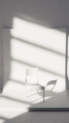 Minimalist 3D studio with white chair on curved backdrop and concrete wall. Ideal for product display, branding, and modern design with dramatic natural light and shadows.