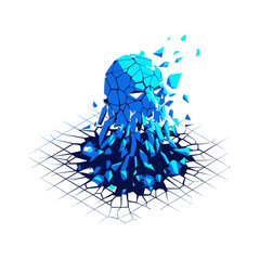 Fototapeta premium A fragmented blue geometric human head emerges from a cracked digital surface, symbolizing mental breakdown, data corruption, or artificial intelligence.